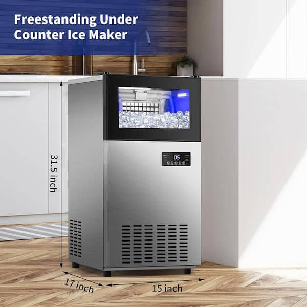 Ropup Commercial Built-In or Freestanding Ice Maker 130LBS/24H with 35lbs Ice Capacity, 45pcs Ice Cubes, Stainless Steel, Silver