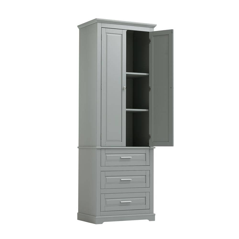 24 in. W x 15.7 in. D x 70 in. H Gray Bathroom Freestanding Linen Cabinet with 3 Drawers