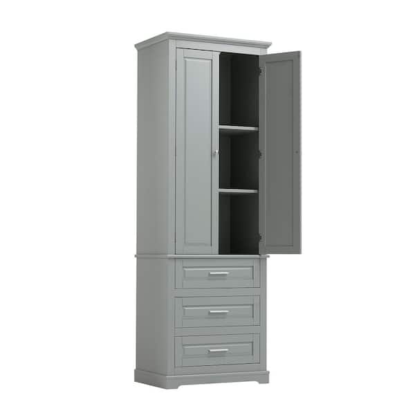 24 in. W x 15.7 in. D x 70 in. H Gray Bathroom Freestanding Linen Cabinet with 3 Drawers