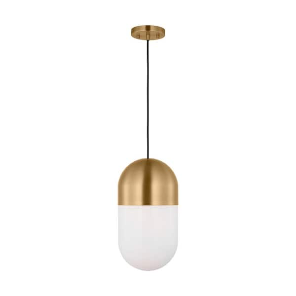 Foster 75-Watt 1-Light Satin Brass Pendant Light with Milk Glass Shade and No Bulbs Included