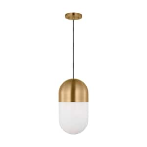 Foster 75-Watt 1-Light Satin Brass Pendant Light with Milk Glass Shade and No Bulbs Included