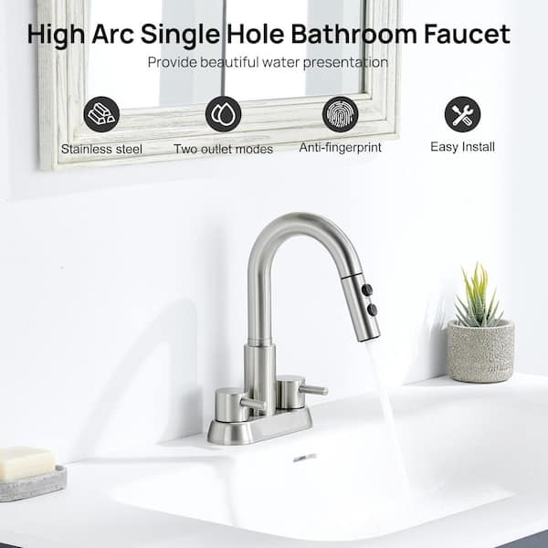 4 in. Centerset Double Handle Pull Down Bathroom Sink Faucet with 2 Modes Sprayer and Pop-Up Drain in Brushed Nickel