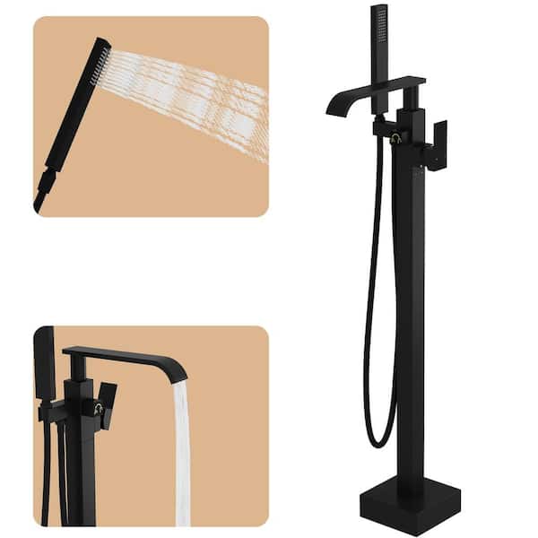 FUFU&GAGA Single-Handle Freestanding Floor Mount Tub Faucet Bathtub Filler with Hand Shower for Indoor Bathroom Use, in Black