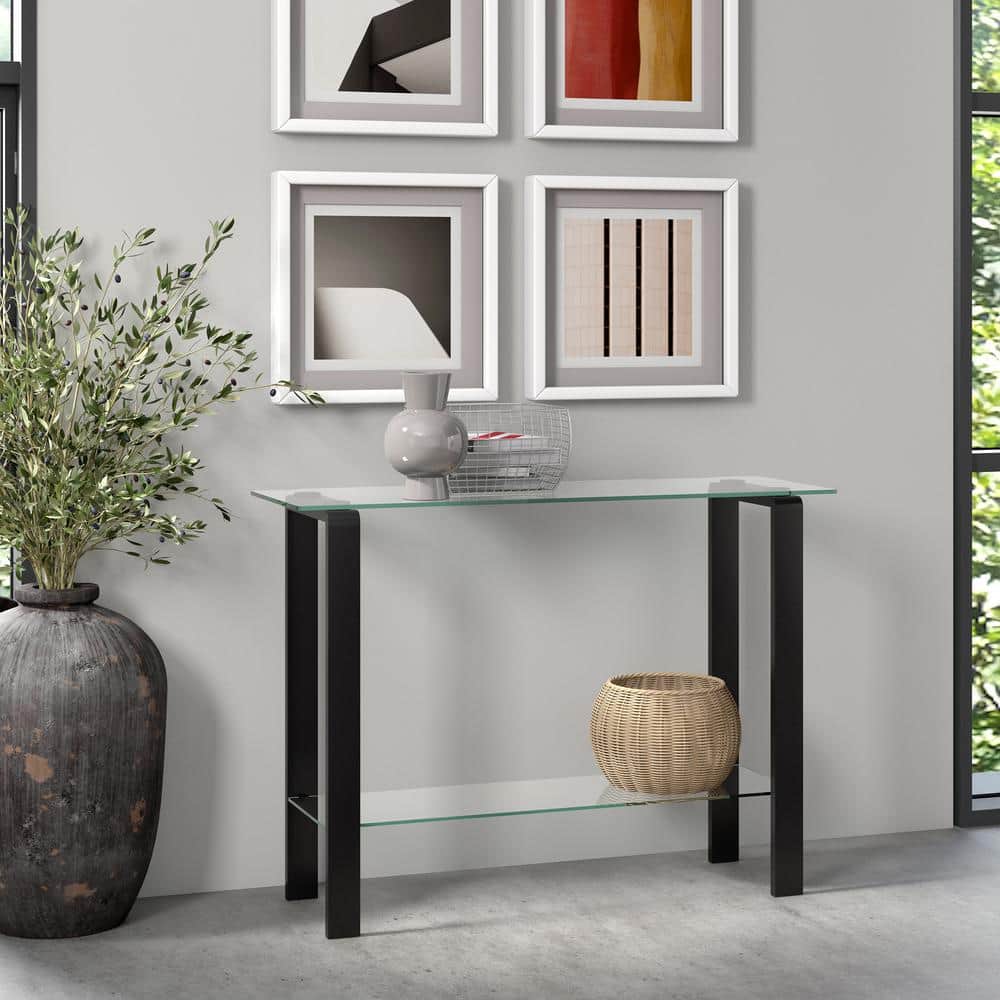 Sleek Metallic 42" Blackened Bronze Glass Console with Storage