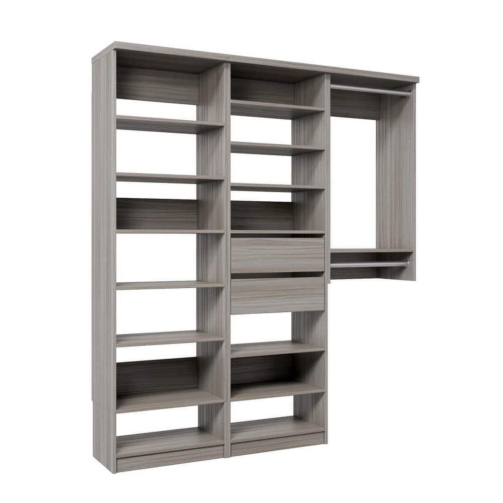 58.5 in. W Grey Oak Reach-in Floor-Mount 2-Rod 2-Reveal-Drawers 14-Shelf Wood Closet System