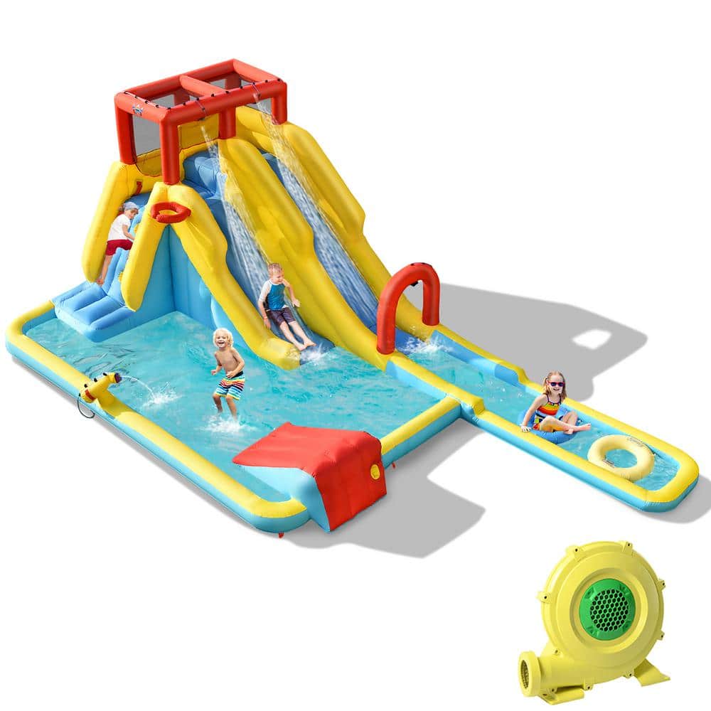 Multi-Color Inflatable Bounce House with Dual Slides and Water Park