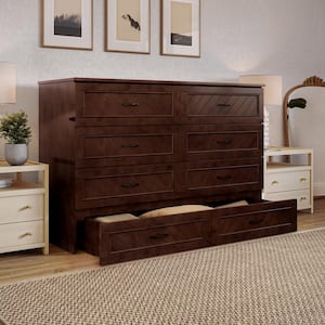 Dakota Walnut Brown Wood Frame Queen Murphy Bed Chest with Storage Drawer and Built-in Charging Station