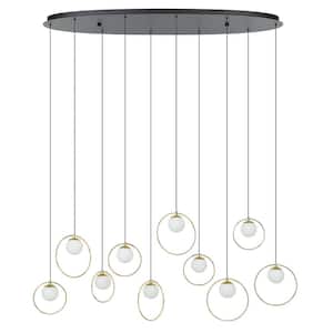 Portocolom 45.67 in. W x 94.5 in. H 10-Light Black Statement LED Pendant Light with Brass Rings and White Glass Spheres