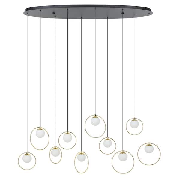 Portocolom 45.67 in. W x 94.5 in. H 10-Light Black Statement LED Pendant Light with Brass Rings and White Glass Spheres