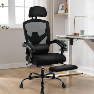 Ergonomic High-Back Mesh Reclining Home Office Desk Chair with Footrest & Lumbar Support in Black with Comfy Arms