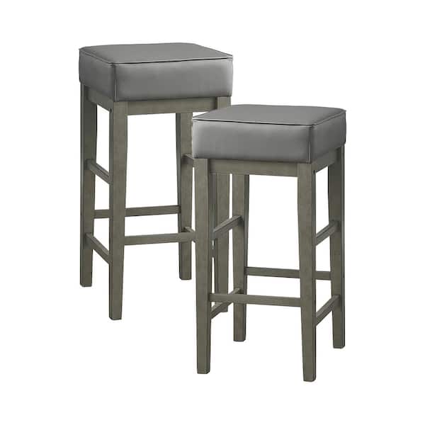 Lazzara Kinsale 30.5 in. Antique Gray Finish Wood Pub Height Stool with Gray Faux Leather Seat (Set of 2)