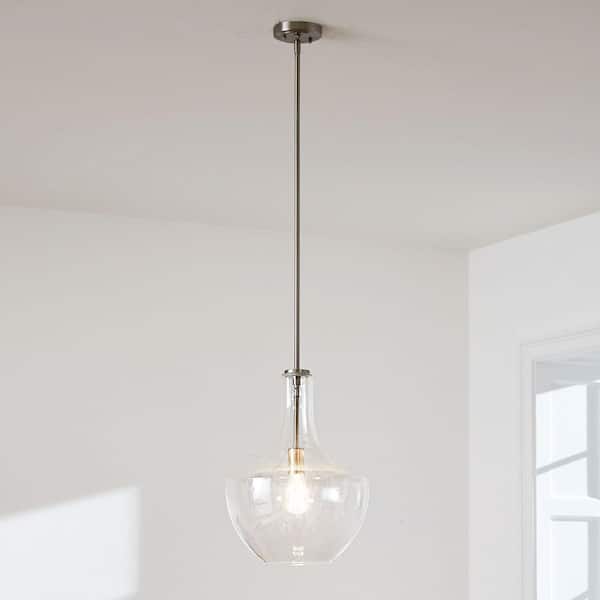 Everly 19.75 in. 1-Light Brushed Nickel Transitional Shaded Kitchen Bell Pendant Hanging Light with Clear Seeded Glass