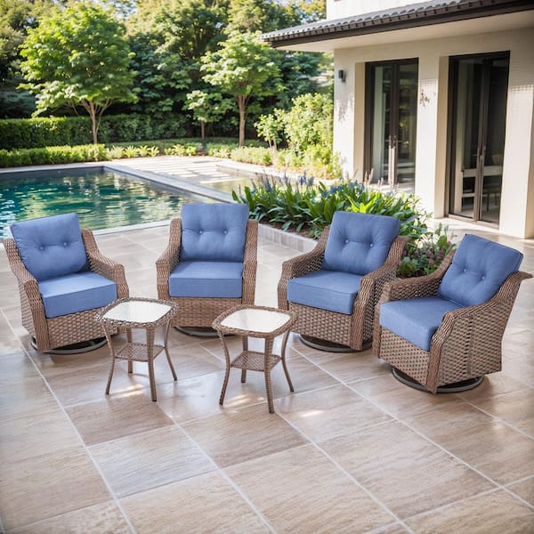 Artisan Brown 6-Piece Wicker Swivel Glider Patio Conversation Set with 6 in. Thick Navy Blue Cushions