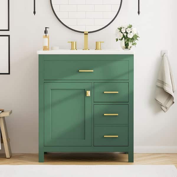 30 in. W Single Sink Freestanding Bath Vanity in Green with White Ceramic Top, 1 Doors and 2 Drawers