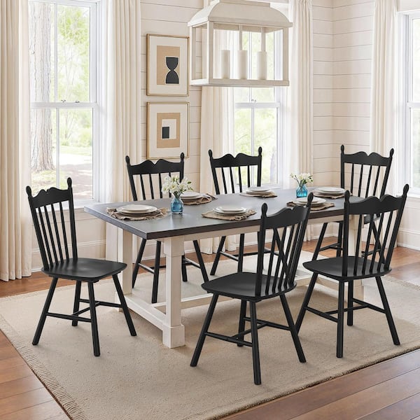 17 in. Black Wave Spindle Back Classic Windsor Dining Chair Solid Wood Armless Farmhouse Dining Chair (Set of 6)