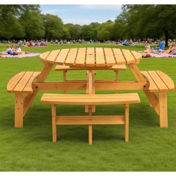 70.07 in. Light Brown Round Solid Wood Picnic Tables Seats 8-People with Umbrella Hole