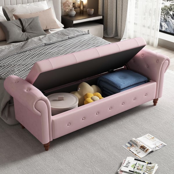 63 in. Pink No-Tool Assembly Tufted End of Bed Bench with Storage, 500 lbs. Capacity