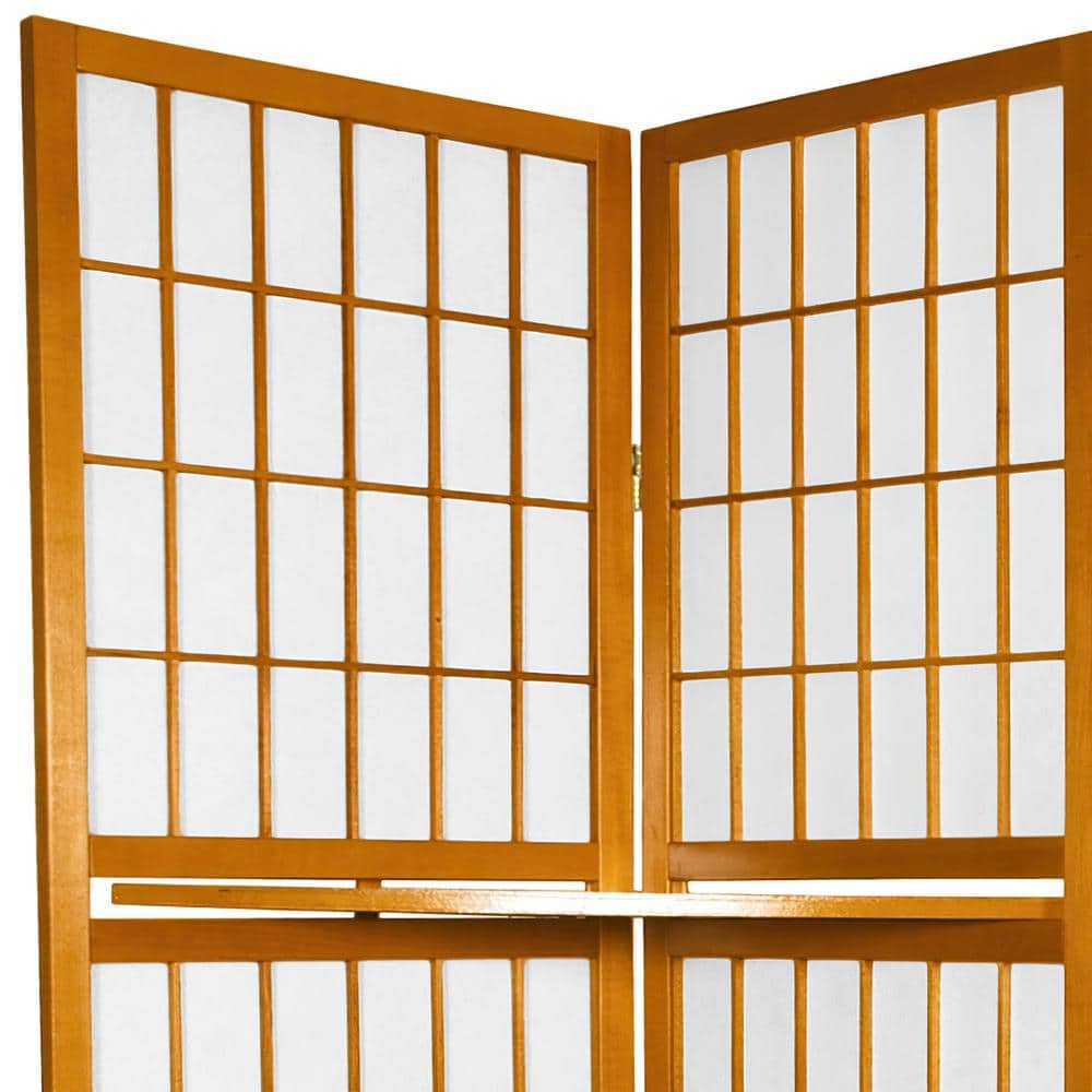 Honey-Toned Scandinavian Spruce Shoji Room Divider with Display Shelves