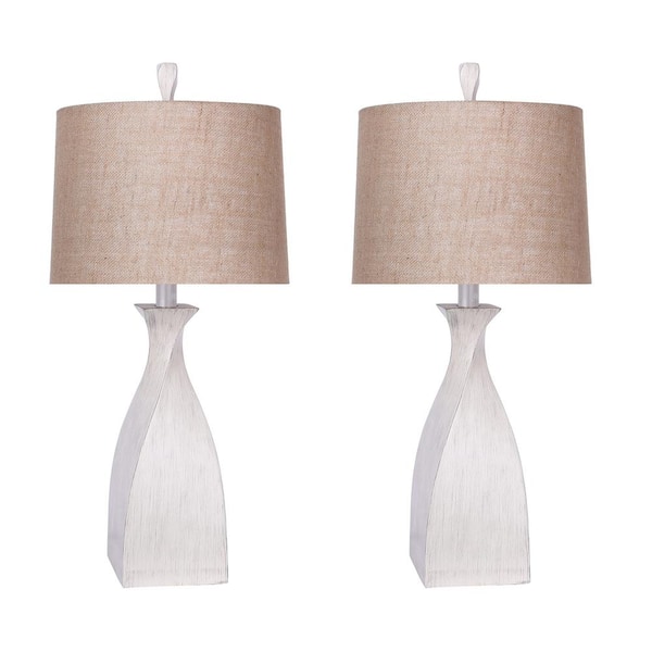 White Washed Polyresin Table Lamps, Table Lamp With Burlap Drum Shade