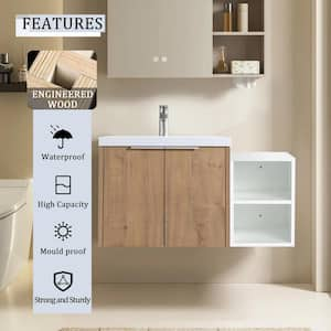 35.6 in. W Floating Wall-Mounted Bath Vanity in Imitative Oak with White Resin Top