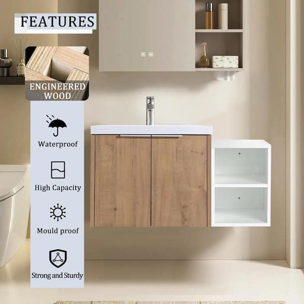 35.6 in. W Floating Wall-Mounted Bath Vanity in Imitative Oak with White Resin Top