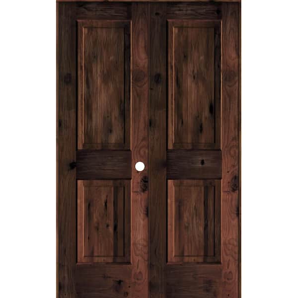 Krosswood Doors 48 in. x 80 in. Rustic Knotty Alder 2-Panel Left-Handed Red Mahogany Stain Wood Double Prehung Interior Door Square-Top