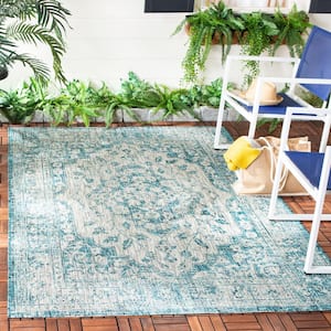 Courtyard Gray/Blue 7 ft. x 7 ft. Square Geometric Indoor/Outdoor Patio  Area Rug