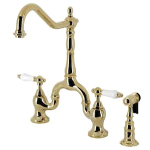 English Country Double Handle Deck Mount Bridge Kitchen Faucet with Brass Sprayer in Polished Brass
