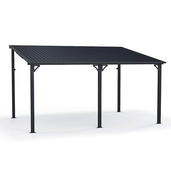 10 ft. x 14 ft. Iron Frame Outdoor Hard Top Wall-mounted Gazebo Pergola for Patio Cover, Dark Grey