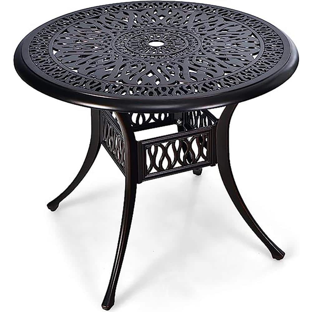 Black 35.43 in. Round Aluminum Outdoor Dining Table Bistro Table with Umbre