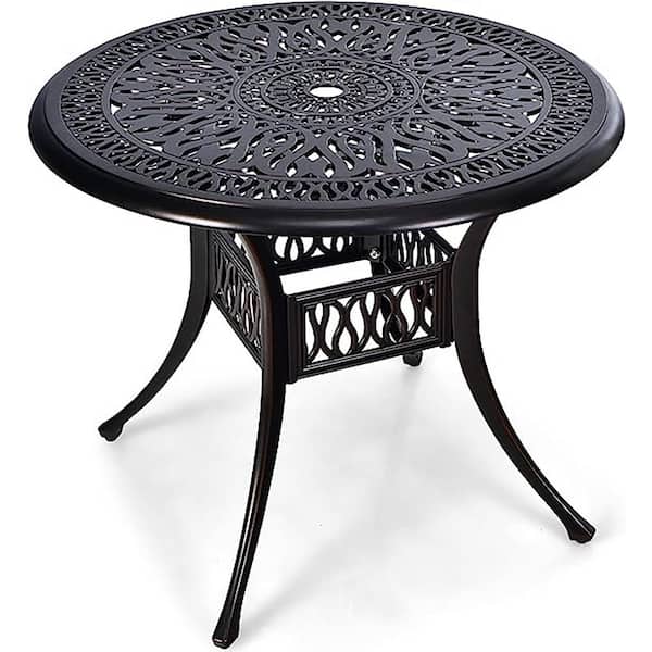 Unbranded Black 35.43 in. Round Aluminum Outdoor Dining Table Bistro Table with Umbrella Hole