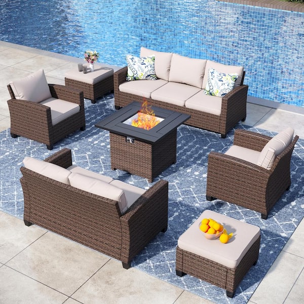 PHI VILLA Brown Rattan Wicker 7-Piece Steel Outdoor Patio Conversation Set with Beige Cushions, Square Fire Pit Table