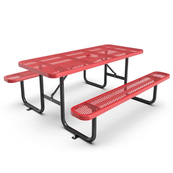 Zeus & Ruta 72.05 in. Red Rectangle Steel Outdoor Picnic Tables, Seats 4-6 People with Umbrella Hole for Garden