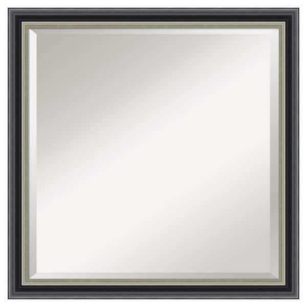Amanti Art Theo Black Silver 22.75 in. x 22.75 in. Beveled Modern Square Wood Framed Wall Mirror in Black
