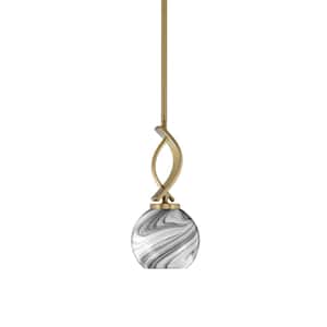 Olympia 1-Light Stem Hung New Age Brass, Mini Pendant-Light with Onyx Swirl Clear Glass Shade, No Bulb Included
