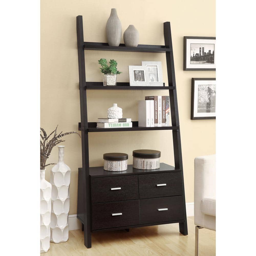 Cappuccino 69" MDF Ladder Bookcase with 4 Drawers