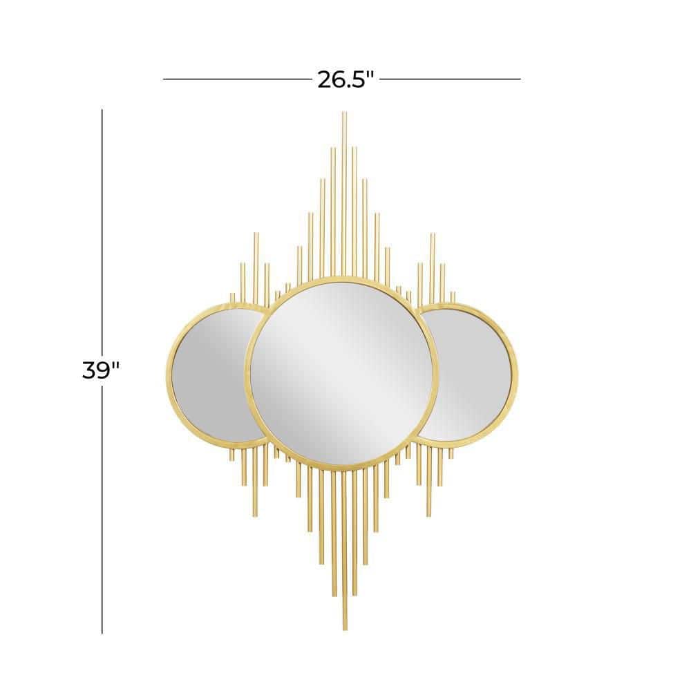 Elegant Sunburst Gold Wall Mirror with Triple Circle Fusion Design, 27" x 39"