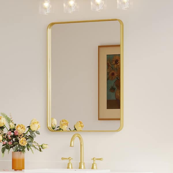 TOOLKISS 28 in. W x 36 in. H Rectangular Aluminum Framed Wall Bathroom Vanity Mirror in Gold