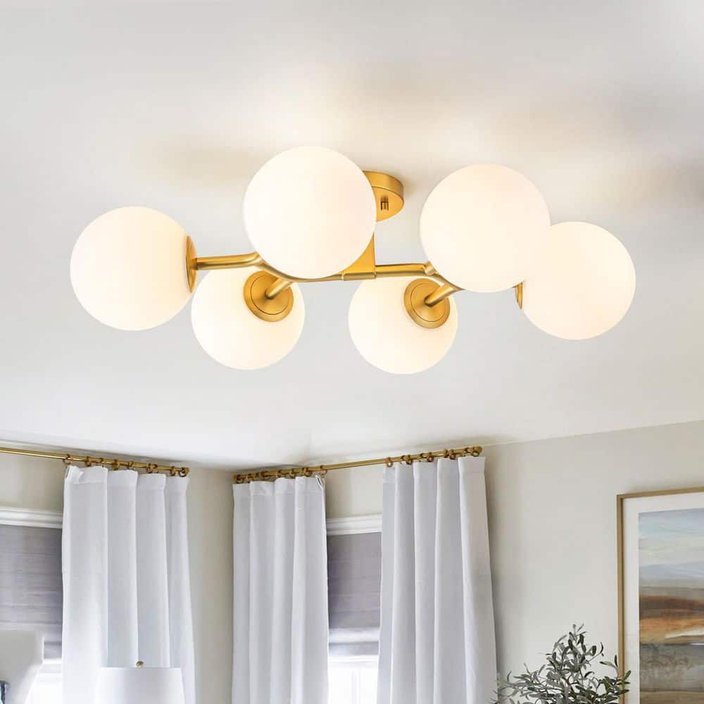 26.6in. Sputnik Modern Satin Gold 6-Light Semi-Flush Mount with Milk Glass Globe for Living Room, Bedroom price history on PriceWatchPro
