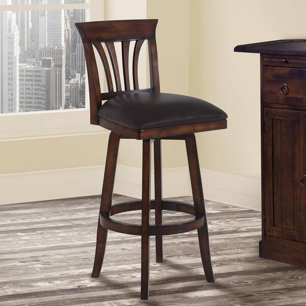 Armen Living Madison 26 in. Brown Faux Leather and Pecan Wood Finish Swivel Bar Stool
