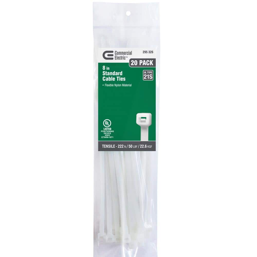 8in Standard 50lb Tensile Strength UL 21S Rated Cable Zip Ties 20 Pack Natu