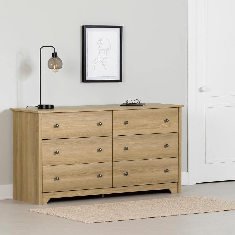 Natural Ash 6-Drawer Double Dresser with Metal Knobs