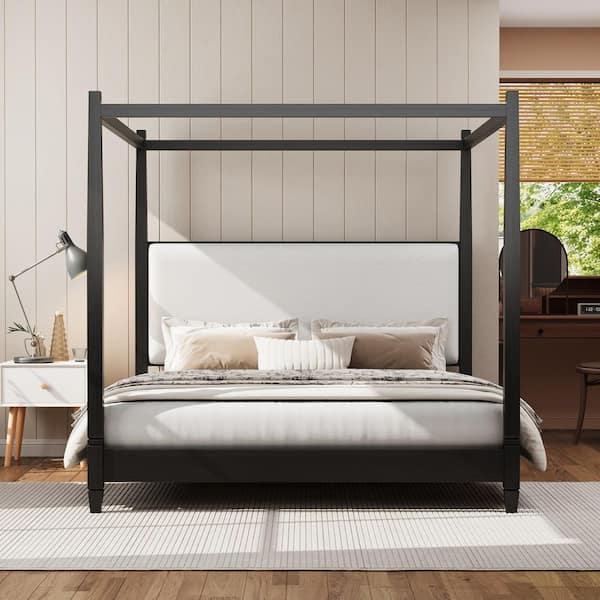 Yervon Modern Black Wood Frame King Size Canopy Bed Platform Bed with Off-White Fabric Upholstery Headboard
