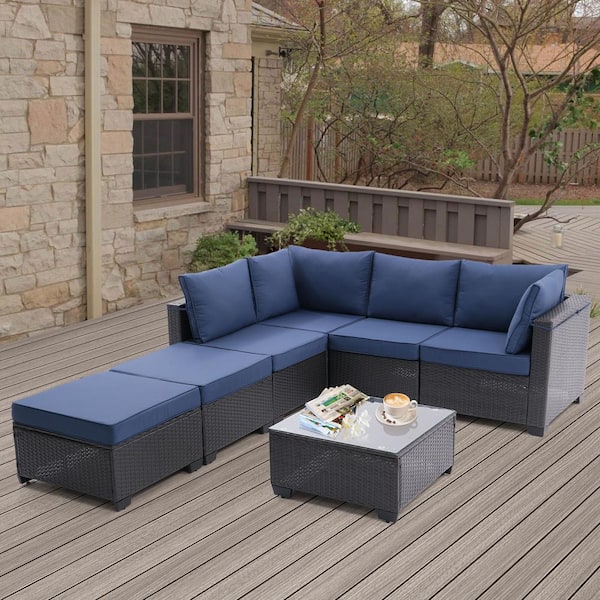 grossag 7-Piece Wicker Outdoor Patio Sectional Sofa Set Conversation Set with Dark Blue Cushions, Glass Top Coffee Table