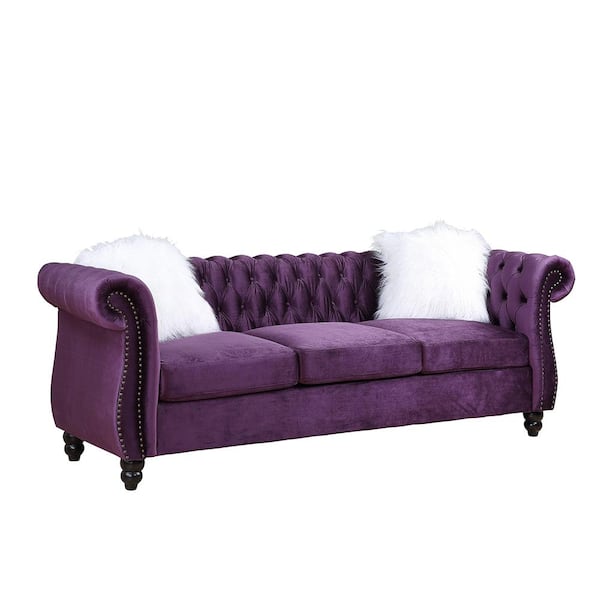 Acme Furniture Thotton 33 in. Wide Rolled Arm Velvet Tufted Straight Nailhead Sofa in Purple