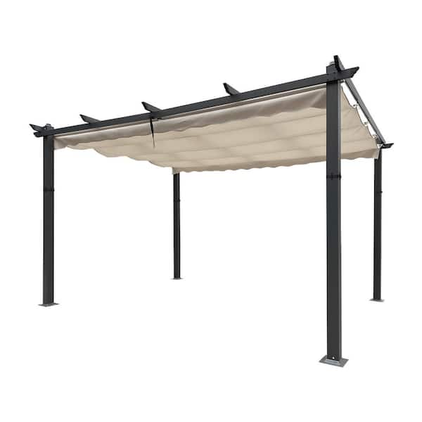 13 ft. x 10 ft. Aluminium Outdoor Patio Retractable Pergola With Canopy Sunshelter in Beige