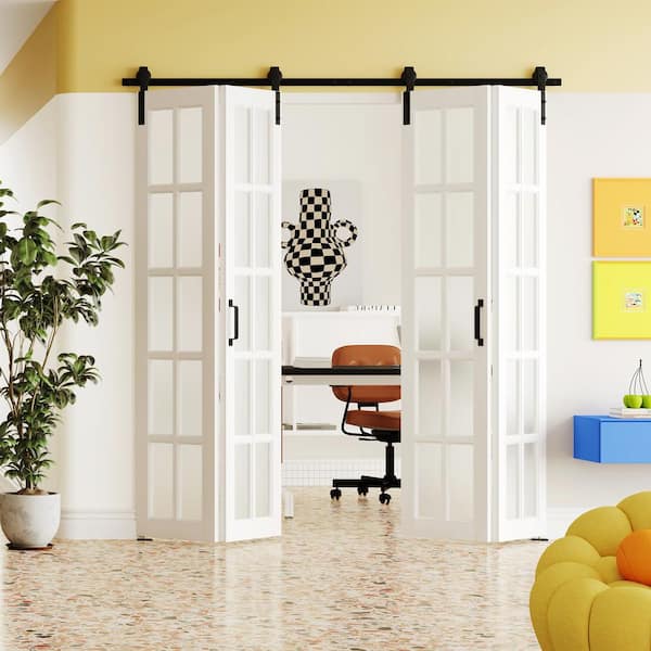 72 in. x 84 in. White, 10 Lite, Frosted Glass, Finished, MDF, Bi-Fold Style Sliding Barn Door with Hardware Kit