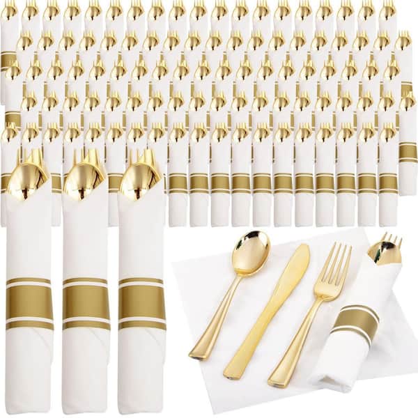 120 Piece Gold Plastic Silverware Wrapped Cutlery Set with Napkin, Disposable for Valentine's Day Mother's Day Easter