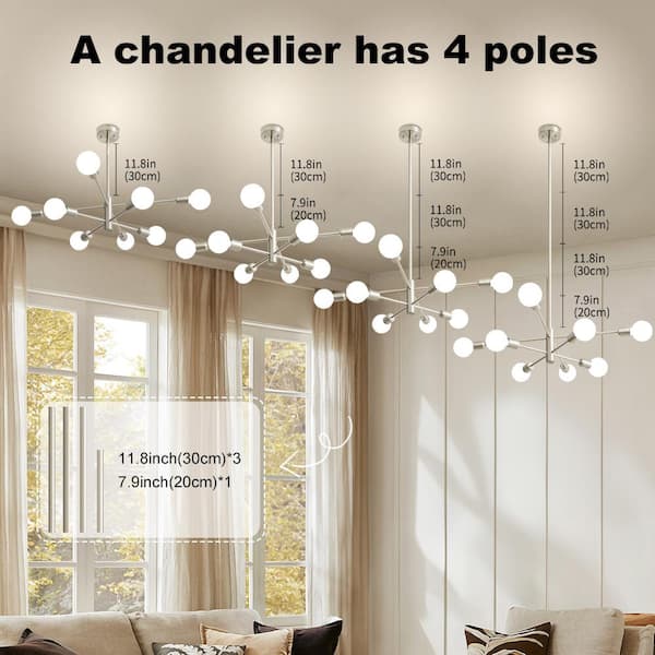 8-Light Nickel Sputnik Chandelier – Dimmable, Plug-In, Mid-Century Modern – Brushed Nickel