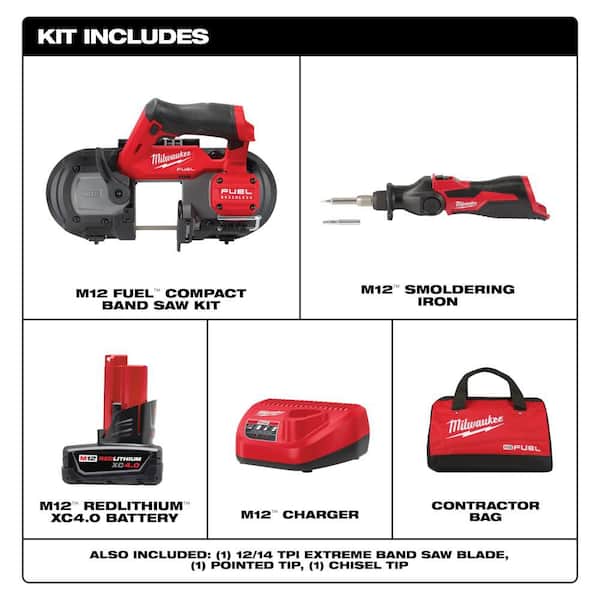 M12 FUEL 12V Lithium-Ion Cordless Compact Band Saw XC Kit with One 4.0 Ah Battery, Charger, Bag & M12 Soldering Iron